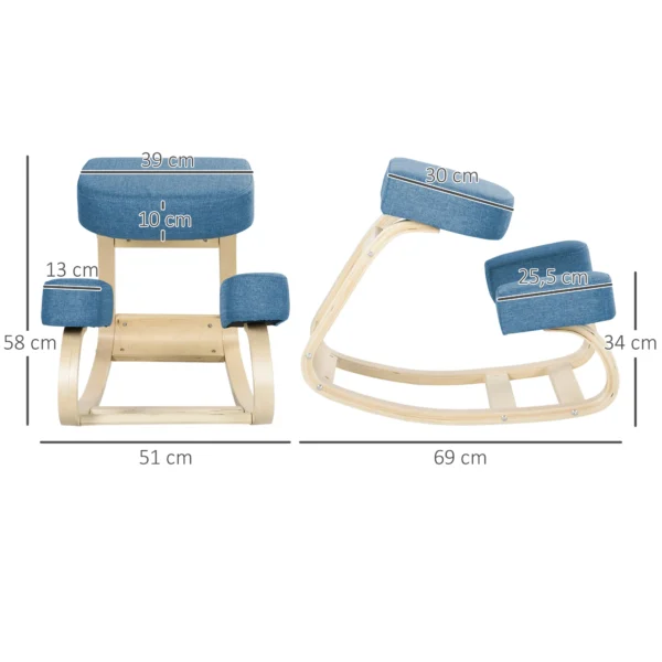 Kniestoel, Ergonomische Zithocker, Gestoffeerde Hocker Voor Gezonde Zithouding, Berkenhout, Belastbaar Tot 120 Kg, Blauw