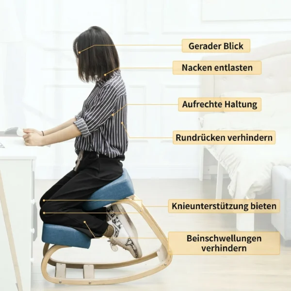 Kniestoel, Ergonomische Zithocker, Gestoffeerde Hocker Voor Gezonde Zithouding, Berkenhout, Belastbaar Tot 120 Kg, Blauw