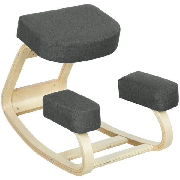 Kniestoel, Ergonomische Zithocker, Gestoffeerde Kruk Voor Gezonde Zithouding, Berkenhout, Belastbaar Tot 120 Kg, Donkergrijs
