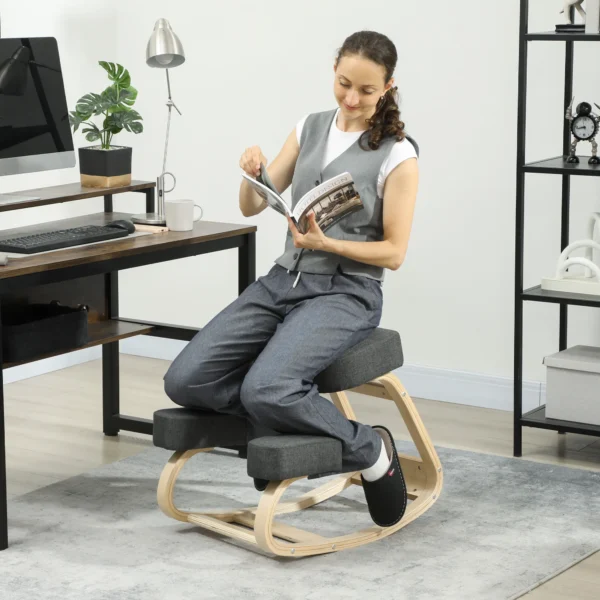 Kniestoel, Ergonomische Zithocker, Gestoffeerde Kruk Voor Gezonde Zithouding, Berkenhout, Belastbaar Tot 120 Kg, Donkergrijs