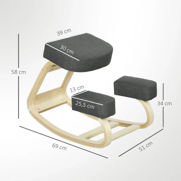 Kniestoel, Ergonomische Zithocker, Gestoffeerde Kruk Voor Gezonde Zithouding, Berkenhout, Belastbaar Tot 120 Kg, Donkergrijs