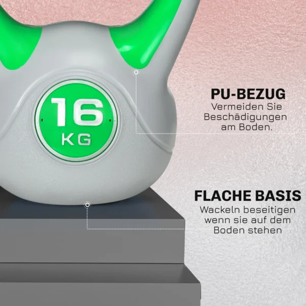 Kogelhalter, Kettlebell, 16 Kg, Platte Onderkant, Grote Handgreep, Gewichtsbal, Groen, 27 X 17 X 31 Cm