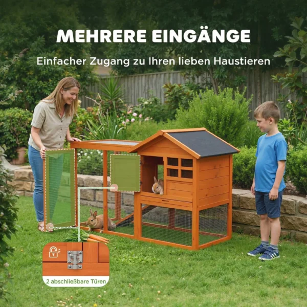 Konijnenhok Met 2 Verdiepingen, Waterdicht Bitumendak, Vrije Uitloop, Helling, Deuren, Hout, 123,5x62,6x92,5 Cm, Oranje