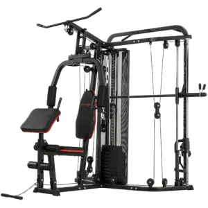 Kraftstation Fitnessstation Met 65kg Gewichten, Latzug, Butterflystang, Verstelbare Preacher Bank, Beentrainer