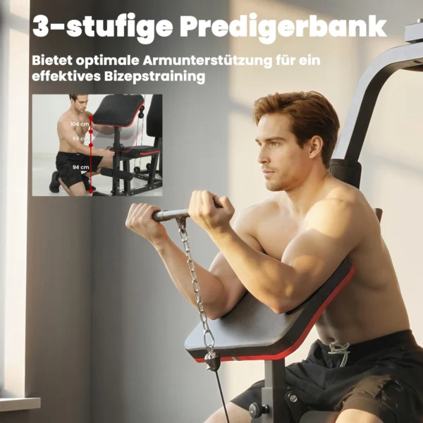 Kraftstation Fitnessstation Met 65kg Gewichten, Latzug, Butterflystang, Verstelbare Preacher Bank, Beentrainer