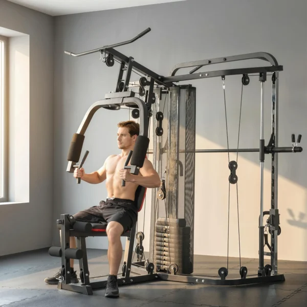 Kraftstation Fitnessstation Met 65kg Gewichten, Latzug, Butterflystang, Verstelbare Preacher Bank, Beentrainer