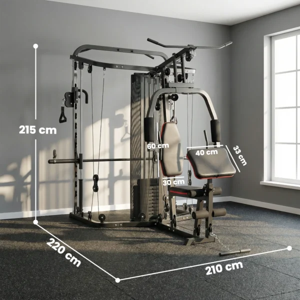 Kraftstation Fitnessstation Met 65kg Gewichten, Latzug, Butterflystang, Verstelbare Preacher Bank, Beentrainer