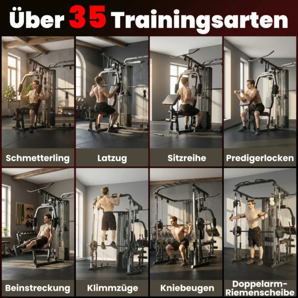 Kraftstation Fitnessstation Met 65kg Gewichten, Latzug, Butterflystang, Verstelbare Preacher Bank, Beentrainer
