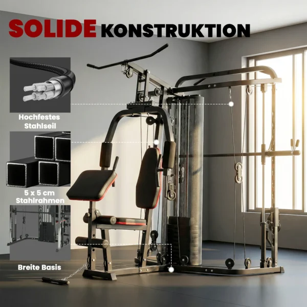 Kraftstation Fitnessstation Met 65kg Gewichten, Latzug, Butterflystang, Verstelbare Preacher Bank, Beentrainer