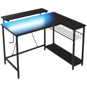 L vormig Bureau Met LED, Stopcontacten, USB, Computertafel Met Rek, 107 X 80 X 90 Cm, Zwart
