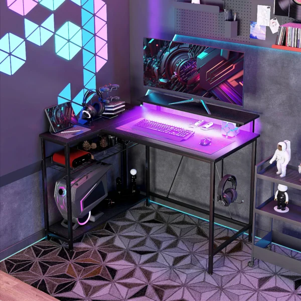 L vormig Bureau Met LED, Stopcontacten, USB, Computertafel Met Rek, 107 X 80 X 90 Cm, Zwart