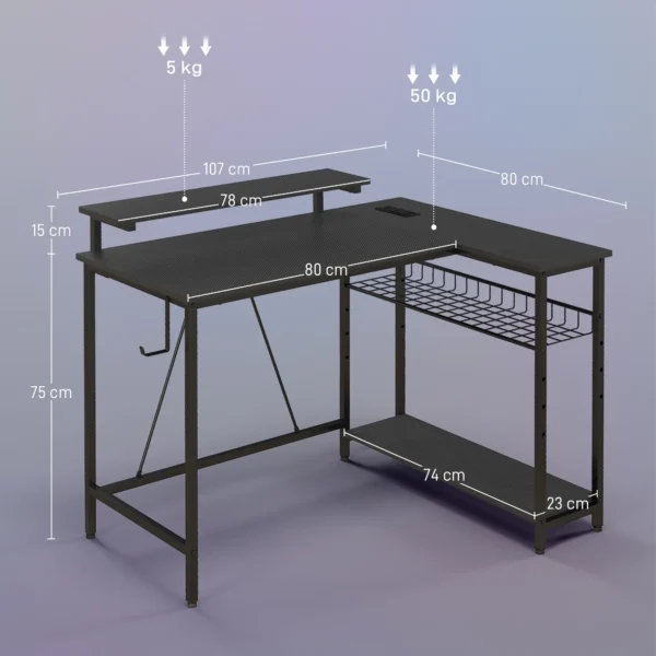 L vormig Bureau Met LED, Stopcontacten, USB, Computertafel Met Rek, 107 X 80 X 90 Cm, Zwart