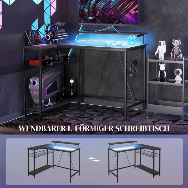 L vormig Bureau Met LED, Stopcontacten, USB, Computertafel Met Rek, 107 X 80 X 90 Cm, Zwart