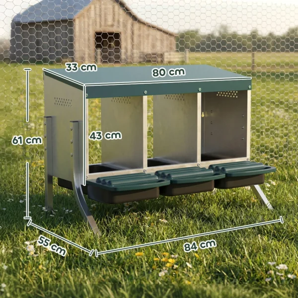 Legnest Voor Kippen, Afrolnest Met Ventilatiegaten, 3 Vakken, Kippennest Voor 3 Kippen, 84 X 55 X 61 Cm, Zilver