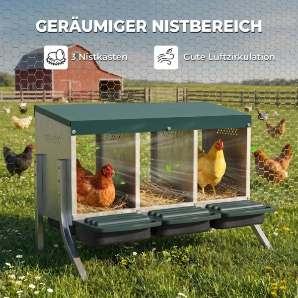 Legnest Voor Kippen, Afrolnest Met Ventilatiegaten, 3 Vakken, Kippennest Voor 3 Kippen, 84 X 55 X 61 Cm, Zilver