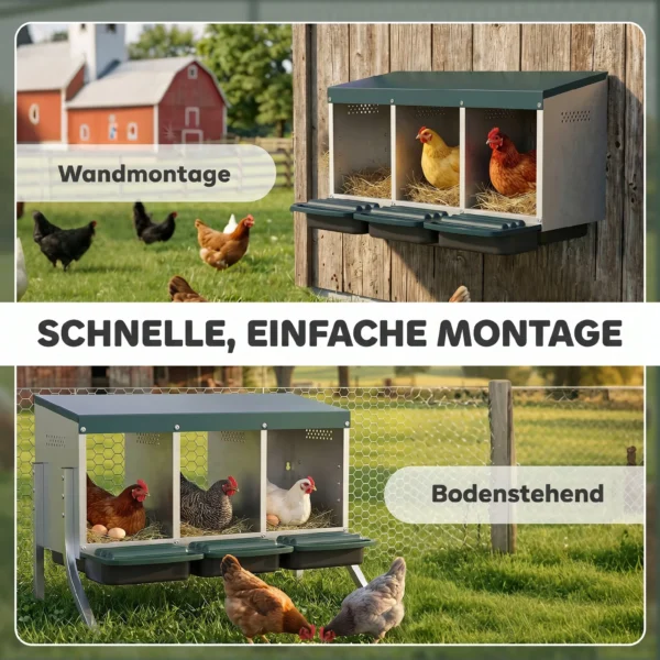 Legnest Voor Kippen, Afrolnest Met Ventilatiegaten, 3 Vakken, Kippennest Voor 3 Kippen, 84 X 55 X 61 Cm, Zilver