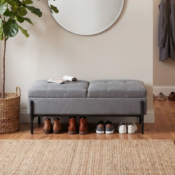 Linnen Zitkist, Bedbank Met 2 Vakken, Inklapbare Deksels En Extra Dikke Bekleding, 117 X 50 X 44 Cm