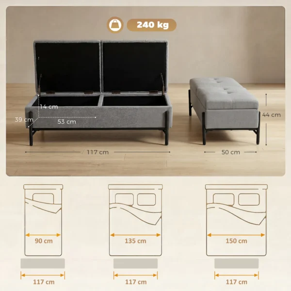 Linnen Zitkist, Bedbank Met 2 Vakken, Inklapbare Deksels En Extra Dikke Bekleding, 117 X 50 X 44 Cm