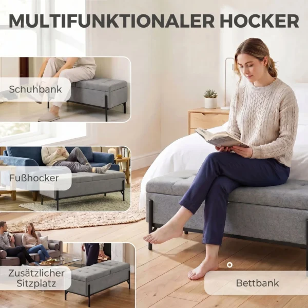Linnen Zitkist, Bedbank Met 2 Vakken, Inklapbare Deksels En Extra Dikke Bekleding, 117 X 50 X 44 Cm