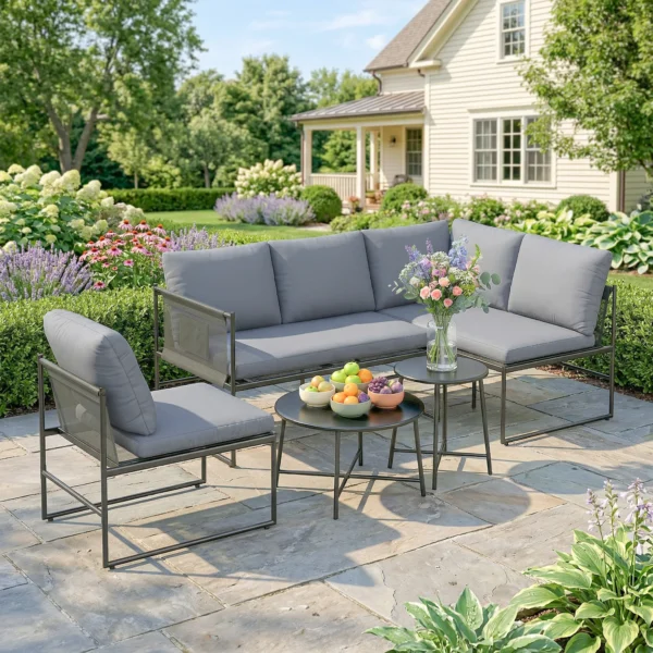 Lounge Tuinmeubelset Voor 4 5 Personen Tuinlounge Set Met 2 zits Tuinsofa, Salontafel, Stoel, Dikke Wasbare Kussens