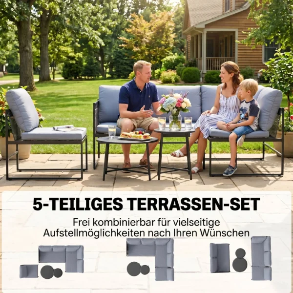Lounge Tuinmeubelset Voor 4 5 Personen Tuinlounge Set Met 2 zits Tuinsofa, Salontafel, Stoel, Dikke Wasbare Kussens