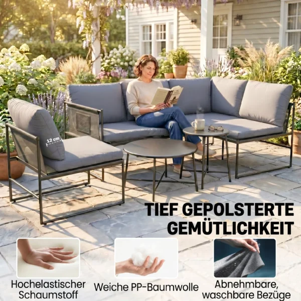 Lounge Tuinmeubelset Voor 4 5 Personen Tuinlounge Set Met 2 zits Tuinsofa, Salontafel, Stoel, Dikke Wasbare Kussens