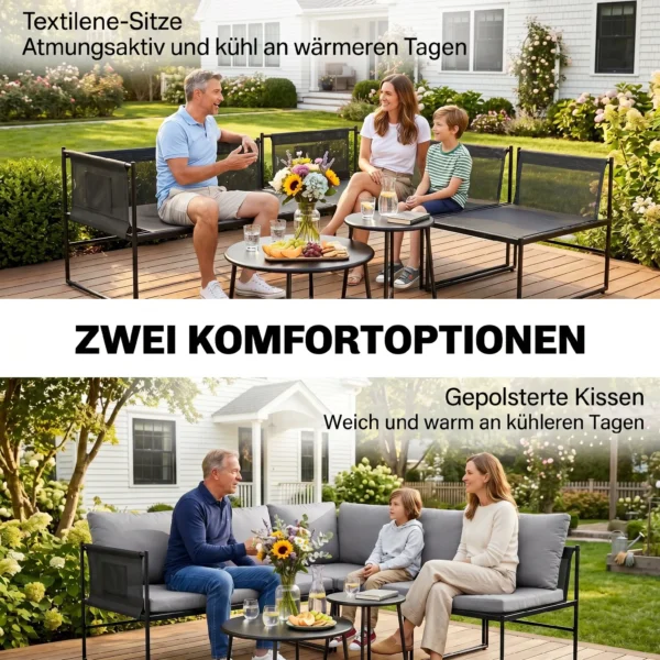 Lounge Tuinmeubelset Voor 4 5 Personen Tuinlounge Set Met 2 zits Tuinsofa, Salontafel, Stoel, Dikke Wasbare Kussens