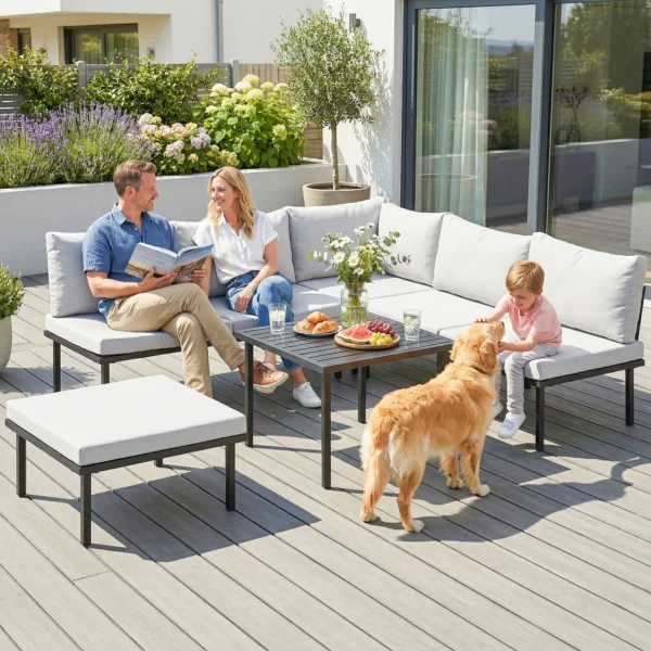 Lounge Tuinmeubelset Voor 5 6 Personen Tuinlounge Set Met 2 zits Tuinbank, 2 Stoelen, Hoekstoel, Lamellen Tafel, Voetenbankje