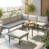Lounge Tuinmeubelset Voor 5 6 Personen Tuinlounge Set Met 2 zits Tuinbank, 2 Stoelen, Hoekstoel, Lamellen Tafel, Voetenbankje
