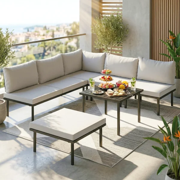 Lounge Tuinmeubelset Voor 5 6 Personen Tuinlounge Set Met 2 zits Tuinbank, 2 Stoelen, Hoekstoel, Lamellen Tafel, Voetenbankje