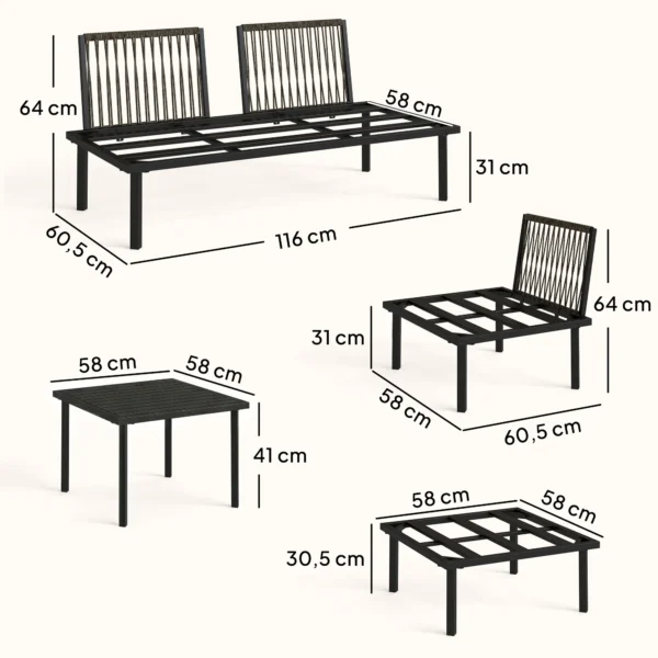 Lounge Tuinmeubelset Voor 5 6 Personen Tuinlounge Set Met 2 zits Tuinbank, 2 Stoelen, Hoekstoel, Lamellen Tafel, Voetenbankje