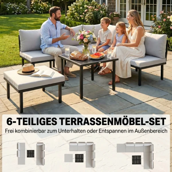 Lounge Tuinmeubelset Voor 5 6 Personen Tuinlounge Set Met 2 zits Tuinbank, 2 Stoelen, Hoekstoel, Lamellen Tafel, Voetenbankje