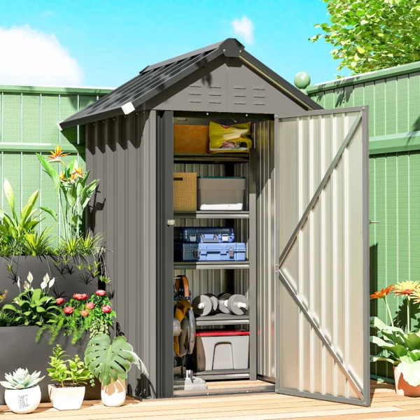 Metalen Tuinhuis 1,17 M², Tuinschuur Met Zadeldak, Ventilatie, Slot, Handschoenen, 122 X 121 X 192 Cm