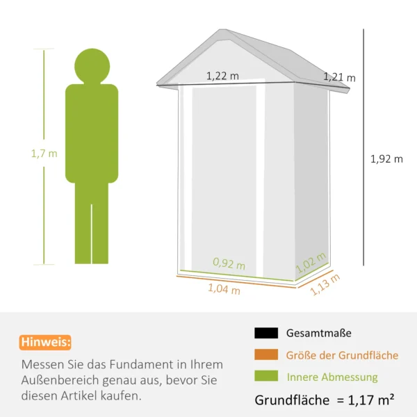 Metalen Tuinhuis 1,17 M², Tuinschuur Met Zadeldak, Ventilatie, Slot, Handschoenen, 122 X 121 X 192 Cm