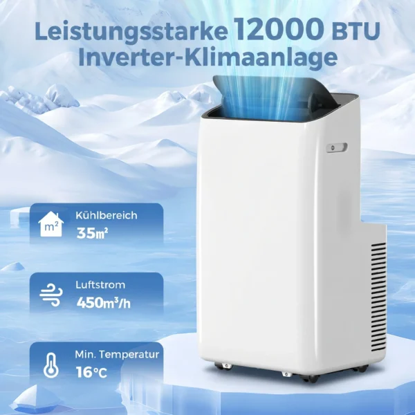 Mobiel Klimaatapparaat 12.000 BTU Met Inverter technologie, Airconditioning Met 60° Zwenkfunctie, 24 uurs Timer, Afstandsbediening