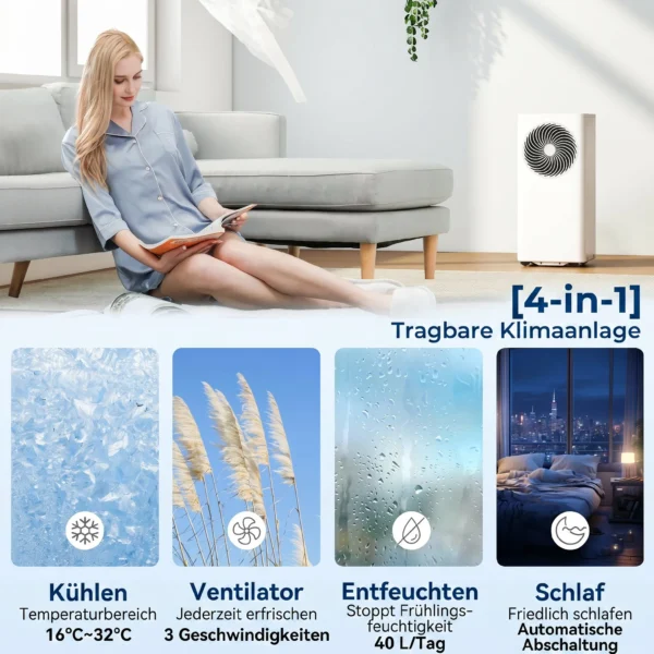 Mobiel Klimaatapparaat 9000 BTU, 4 in 1 Mobiele Airconditioning Met Koeling, 40 L/dag Ontvochtiger, Ventilator, Slaapmodus