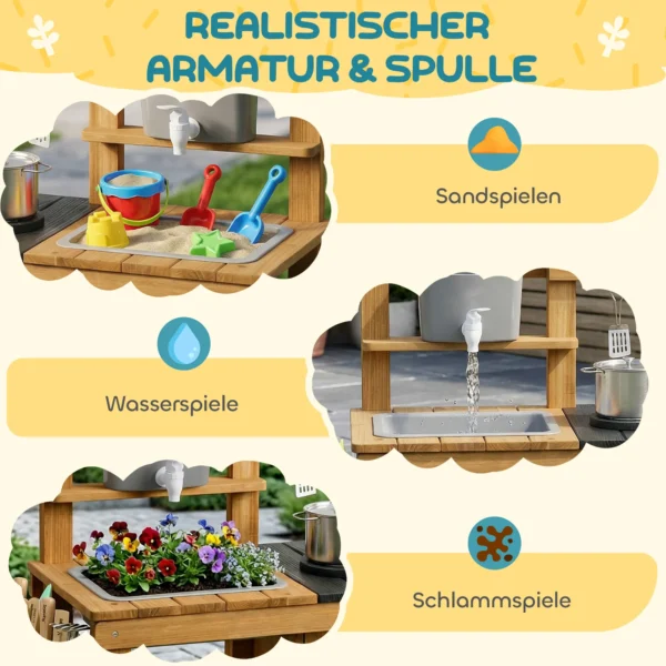 Modderkeuken Kinderen Buitenspeelkeuken Van Hout Met Kraan Spoelbak Plantenbak Wielen Opslagruimte Voor 3 6 Jaar Bruin