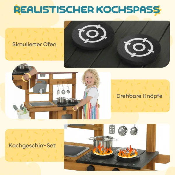 Modderkeuken Kinderen Buitenspeelkeuken Van Hout Met Kraan Spoelbak Plantenbak Wielen Opslagruimte Voor 3 6 Jaar Bruin