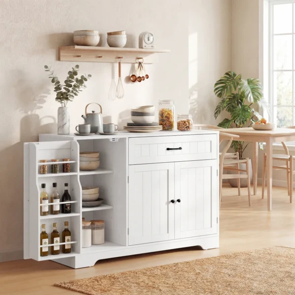 Modern Keukensideboard Met Lade, Verstelbare Planken, Kleine Keukenvoorraadkast Met Deurvakken, Wit