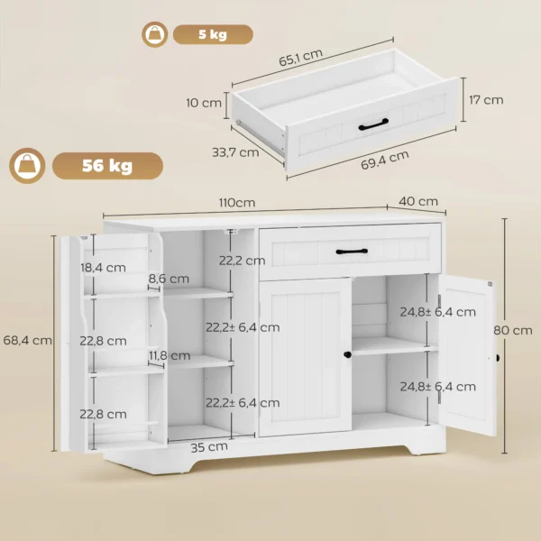Modern Keukensideboard Met Lade, Verstelbare Planken, Kleine Keukenvoorraadkast Met Deurvakken, Wit