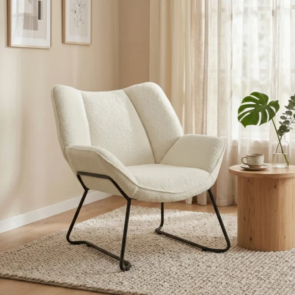 Moderne Accentstoel, Sherpa Fleece Gevoerde Fauteuil Met Brede Rugleuning En Stalen Poten, Eenvoudige Montage, Wit