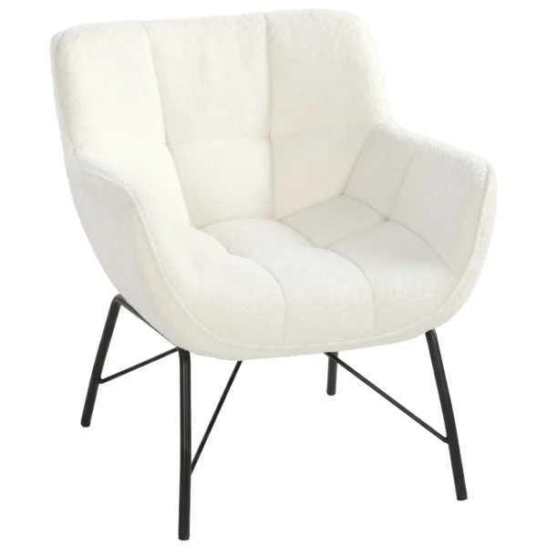 Moderne Loungestoel, Sherpa Fleece Stoel Met Gebogen Rugleuning, Geïntegreerde Armleuningen, Metalen Poten, Crèmewit