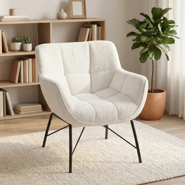 Moderne Loungestoel, Sherpa Fleece Stoel Met Gebogen Rugleuning, Geïntegreerde Armleuningen, Metalen Poten, Crèmewit
