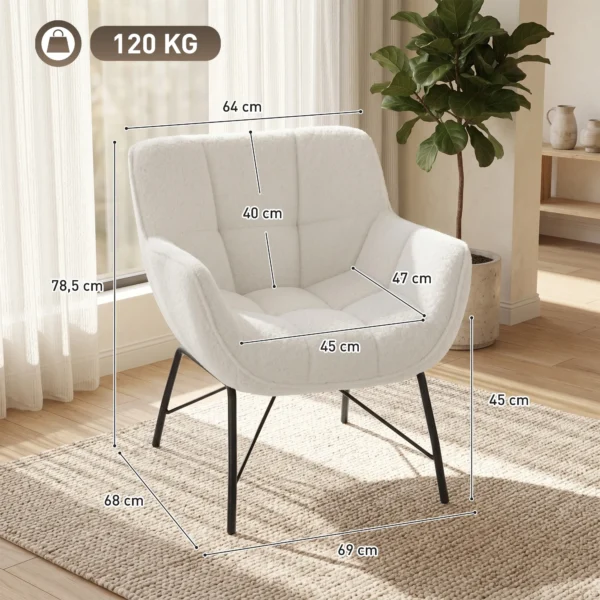 Moderne Loungestoel, Sherpa Fleece Stoel Met Gebogen Rugleuning, Geïntegreerde Armleuningen, Metalen Poten, Crèmewit