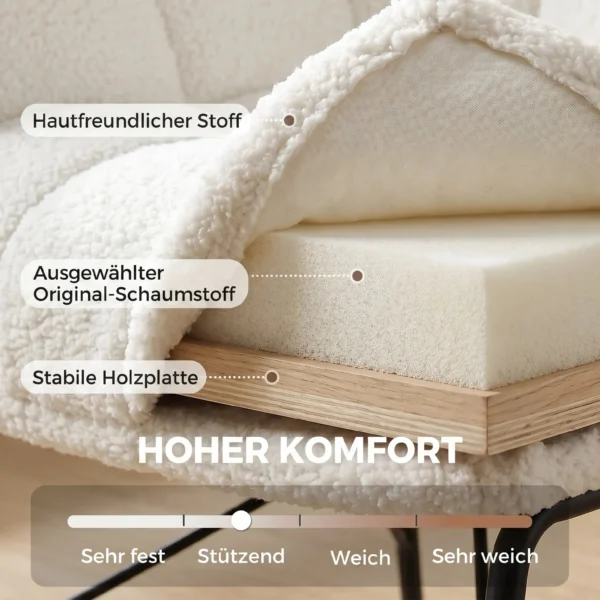Moderne Loungestoel, Sherpa Fleece Stoel Met Gebogen Rugleuning, Geïntegreerde Armleuningen, Metalen Poten, Crèmewit