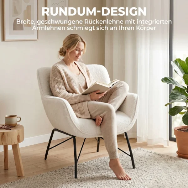 Moderne Loungestoel, Sherpa Fleece Stoel Met Gebogen Rugleuning, Geïntegreerde Armleuningen, Metalen Poten, Crèmewit
