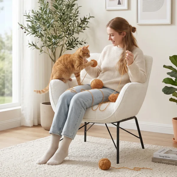Moderne Loungestoel, Sherpa Fleece Stoel Met Gebogen Rugleuning, Geïntegreerde Armleuningen, Metalen Poten, Crèmewit