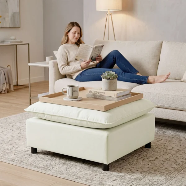 Moderne Stoffen Voetenbank Met Kunststof Poten Voor Woonkamer En Slaapkamer, 75 Cm, Crèmewit