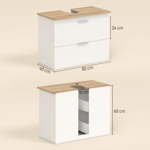 Onderkast Voor De Badkamer, 80 Cm Kast Met Twee Grote Laden Voor Wastafel Met Of Zonder Sokkel, Wit