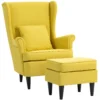 Oorfauteuil Met Voetenbank, Gestoffeerde Stoel Met Rubberhouten Poten, Stoffen Bekleding, Geel